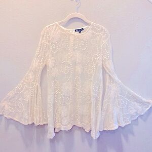 Merchant White Sheer Embroidered Lace Top Bell Sleeve Women’s Sz Small